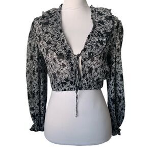 Topshop Abstract Print Long Sleeve Crop Top US Size 10 Black NWT